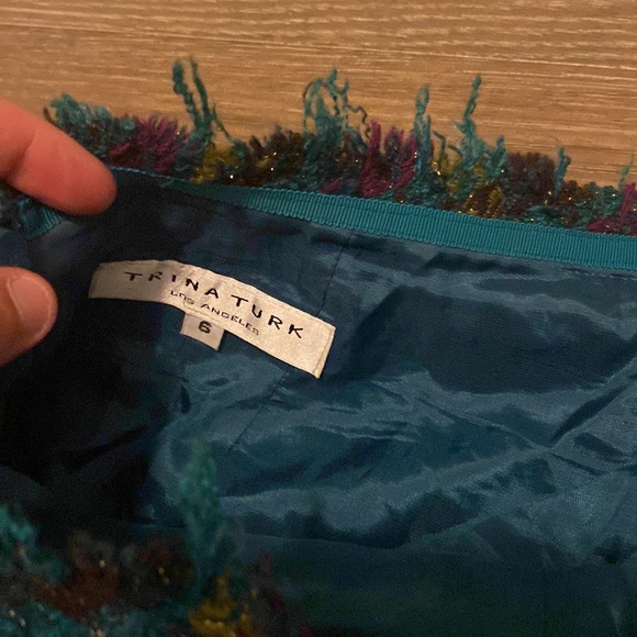 NWOT Trina Turk Wool Tweed Plaid Raw Hem Lined Skirt Turquoise Metallic 6 S - Picture 3 of 4